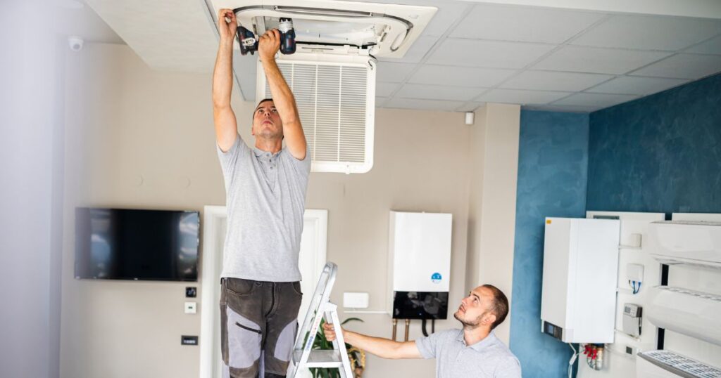 A man in a step ladder, holding a drill as he drills a hole in an open air duct. His colleague looks up at what he's doing as he holds the step ladder for safety. 