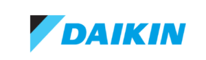 Daikin logo with blue and black diagonal swoosh and bold blue text on white