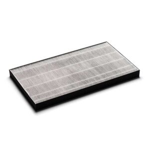 Rectangular air filter with a black frame, featuring tightly packed, parallel white pleats. It is positioned at a slight angle on a light gray background.