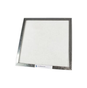 A rectangular air filter with a silver metallic frame and a white mesh surface, labeled at the bottom. The design appears clean and functional.