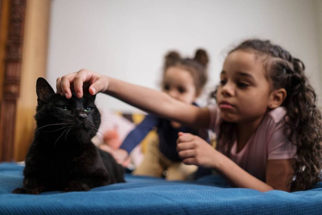 A girl petting their pet black cat whilst in the bed with her younger sibling.