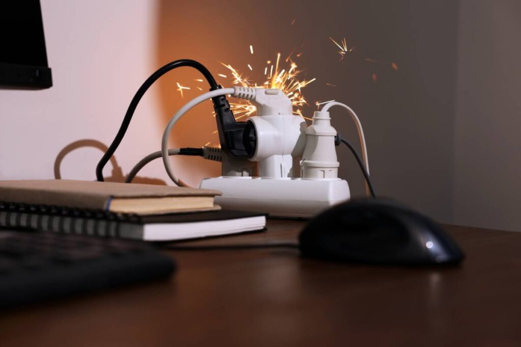An overloaded extension wire, with three plugs into it. There are sparks coming up due to overload. The extension is on a wooden table. This is one of the Essential Guides to Electrical Safety at Home. It's a tip Every Household Should Know.