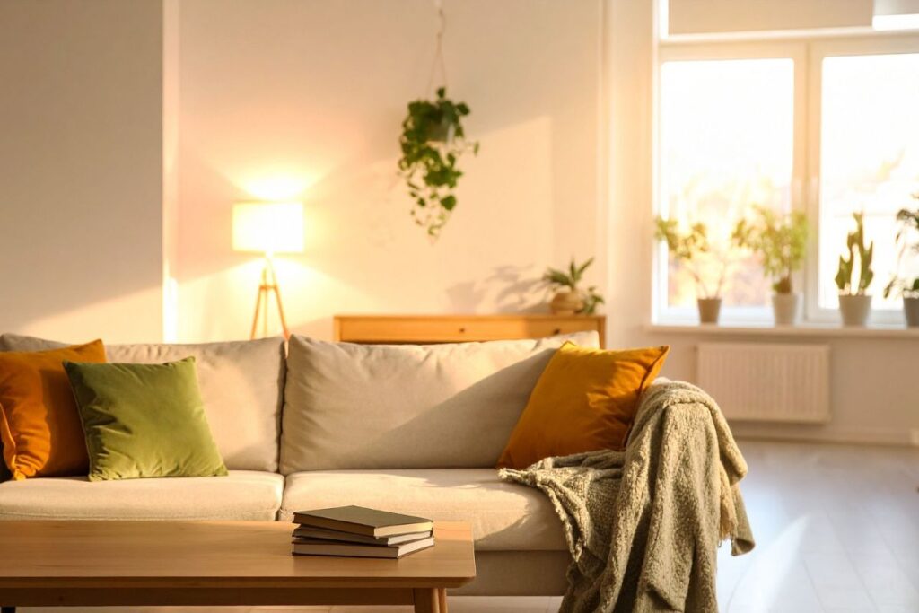 A gray sofa in the middle of a cosy-looking living room. In the distant, a window with a wall mounted heater can be seen, beside a brown table and a lit floor lamp. The sun's rays are illuminating the living room nicely.