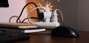Overloaded extension cord on a wooden desk.