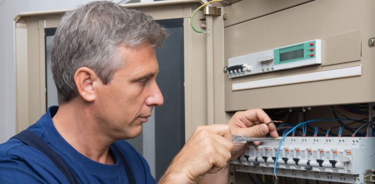 A man fixing a circuit breaker.