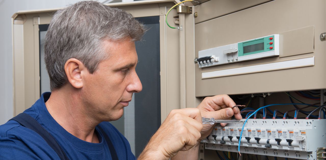 A man fixing a circuit breaker.