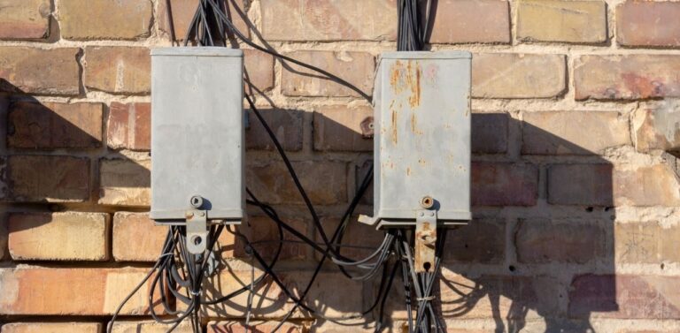Two metal boxes with old electrical wirings, attached to the wall. This is an example of the hidden dangers of old home wiring.