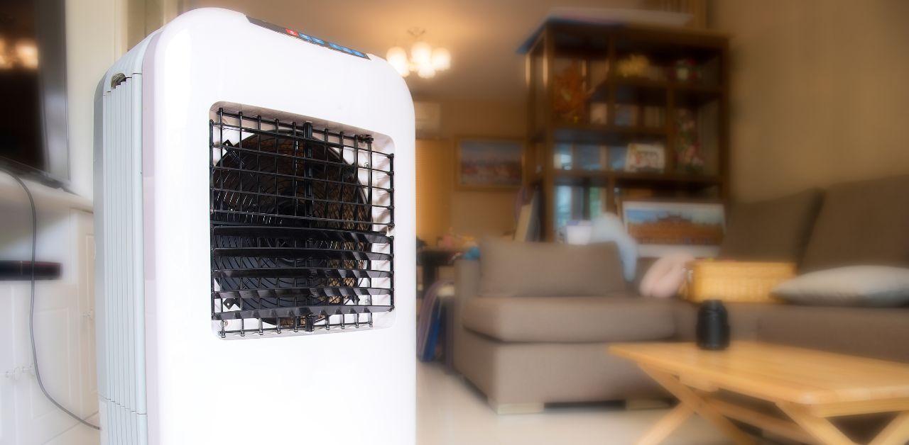 Focus shot on an evaporative cooler in a living room.