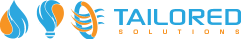Blue and orange Tailored Solutions logo with droplet, bulb, and gear icons